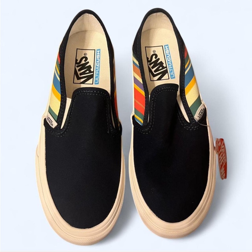Vans Womens Slip-On Shoes - Black with Multicolor Stripes